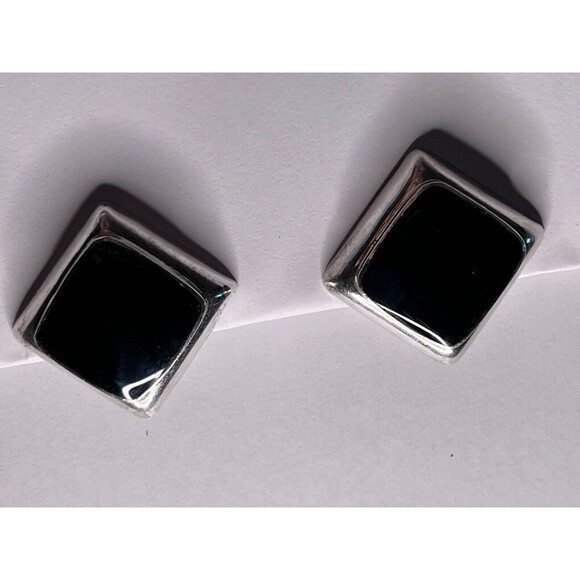 Vintage Taxco Mexico Sterling Silver Onyx Earrings 1.5 In. Square Modernist - Picture 10 of 11